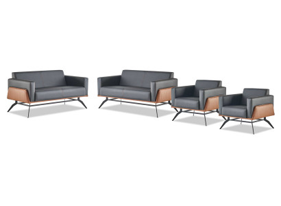 Komplett-Set Schwarz Braun Lehnsessel Leder 2-Sitzer Sessel Sofa-Set