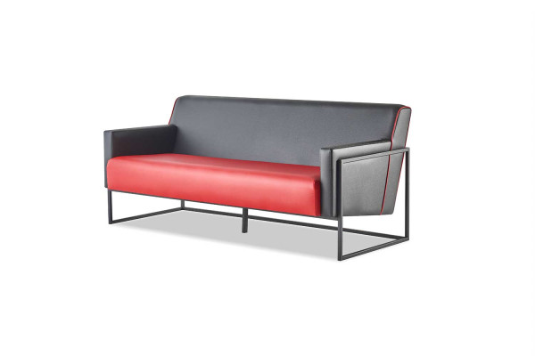 Sofa-Set 3-Sitzer Sessel Schwarz Rot Ledersofas Leder Edelstahl Holz