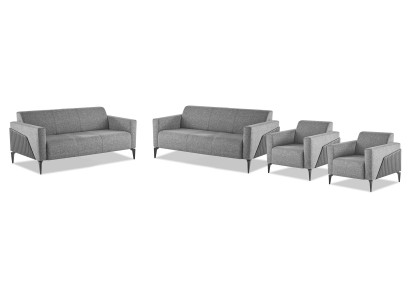 Sitzmöbel Komplett Modern Set 3-Sitzer Sessel Grau Textil Edelstahl Leder