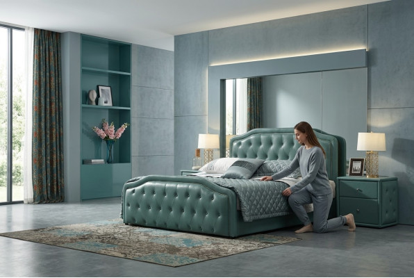 Modernes Design Hotel Bett XXL Betten Luxus Doppel Leder Chesterfield 180x200cm