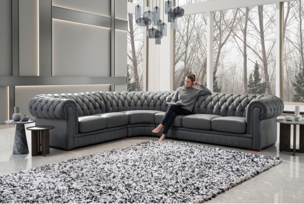 Klassiche Chesterfield Polster Sitz Eck Leder Dekor Garnitur Wohnlandschaft