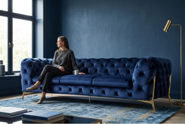 Sofa Chesterfield Couch Polster XXL Garnitur Textil 3+3 designer Couchen Blau