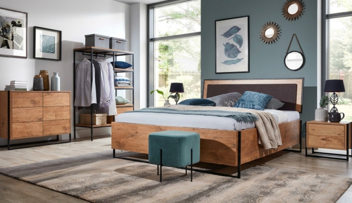5 tlg. Komplett Set Holz Schlafzimmer Loft Stil Design Bett Kommode Schrank