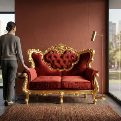 Schickes 2-Sitzer-Sofa mit einer leuchtenden Farbkombination aus edlem Rot und glänzendem Goldton im Barockstil  