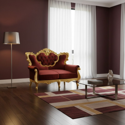 Schickes 2-Sitzer-Sofa mit einer leuchtenden Farbkombination aus edlem Rot und glänzendem Goldton im Barockstil  