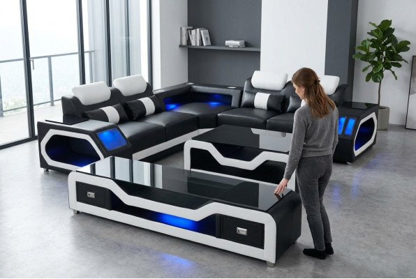 3 tlg. Set Leder Sofa Couch Garnitur Eck Sitz Polster + Tisch + RTV L Form Neu