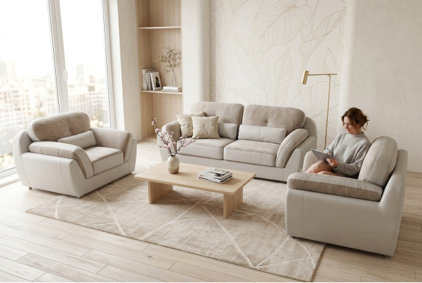 Leder Textil Sofa Polster Sitz Set Garnitur Design Sofagarnitur 3+1+1 Sessel