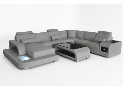 Ledersofa Wohnlandschaft Garnitur Design Modern Ecksofa Sofa U-Form G8013+Tisch