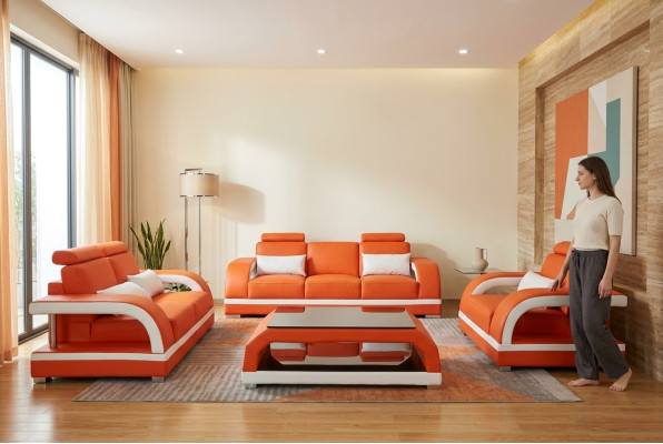 Sofa Couch Leder Polster Sitz Couch Garnitur 3+2+1 Tisch Set Design Sofas