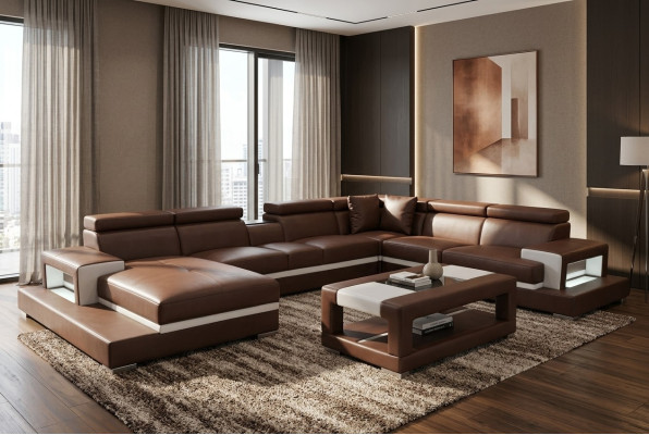 Design Leder Polster Sitz Zimmer Wohn Sofa Eck Couch Designer Garnitur +Tisch