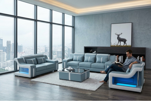 Designer Sofa Couch 3+2 Sitz Polster Leder Couchen Big Sofas Beleuchtet