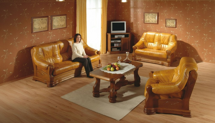 Sofagarnitur Holz Leder 3+2+1 Komplettes Set Klassik Sitz Polster Couchgarnitur
