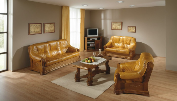 Sofagarnitur Holz Leder 3+2+1 Komplettes Set Klassik Sitz Polster Couchgarnitur