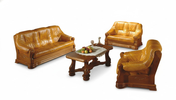 Sofagarnitur Holz Leder 3+2+1 Komplettes Set Klassik Sitz Polster Couchgarnitur