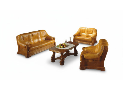 Wohnzimmer Leder Holz Möbel Garnitur 3+2+1 Sofa Couch Polster Sitz