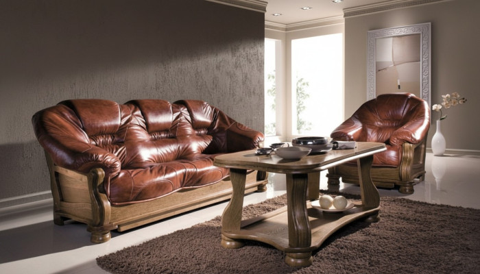 Klassische Sofagarnitur Couch Polster Sitz Garnitur Sofa Leder Holz 3+2+2 Set