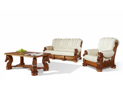 Wohnzimmer Sofagarnitur Couch Polster Sitz Sofa Leder Holz 3+2 Set