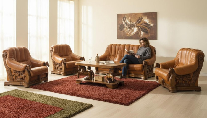 Wohnzimmer Sofagarnitur Couch Polster Sitz Deko Sofa Leder Holz 3+2+1 Set