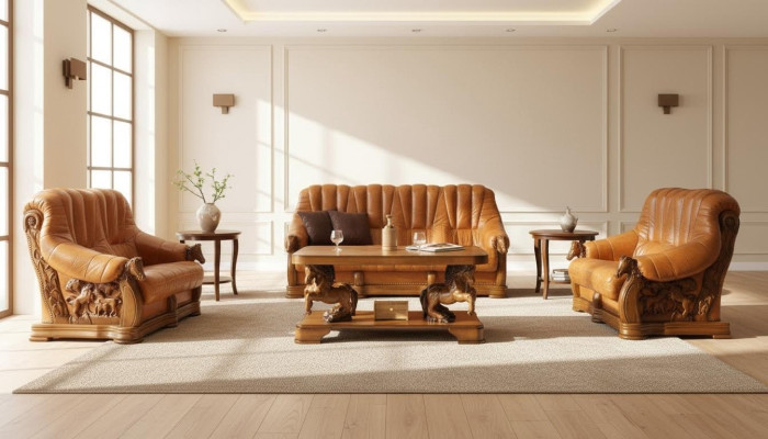 Wohnzimmer Sofagarnitur Couch Polster Sitz Deko Sofa Leder Holz 3+2+1 Set
