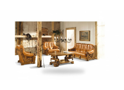 Wohnzimmer Sofagarnitur Couch Polster Sitz Deko Sofa Leder Holz 3+2+1 Set