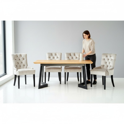 Brauner Holzesstisch Metallgestell Designer x6 Chesterfield Stühle Luxuriöser 7tlg. Set