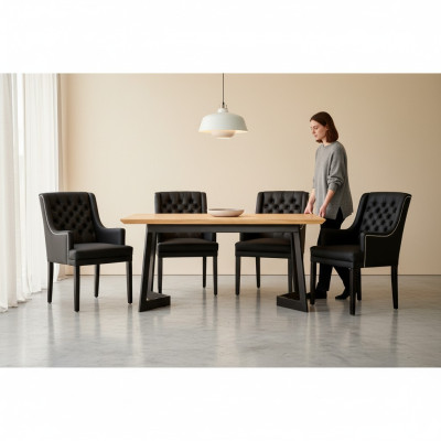 Moderner Ovaler Esszimmertisch Designer Schwarze Chesterfield Stühle 7tlg. Set
