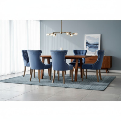 Rechteckiger Holztisch Designer x6 Chesterfield Blaue Stühle 7tlg. Essgruppe