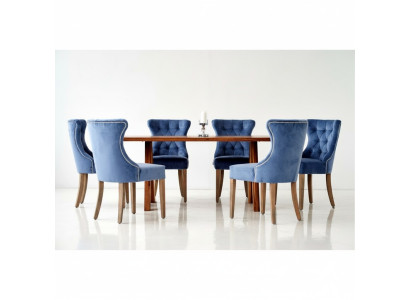 Rechteckiger Holztisch Designer x6 Chesterfield Blaue Stühle 7tlg. Essgruppe