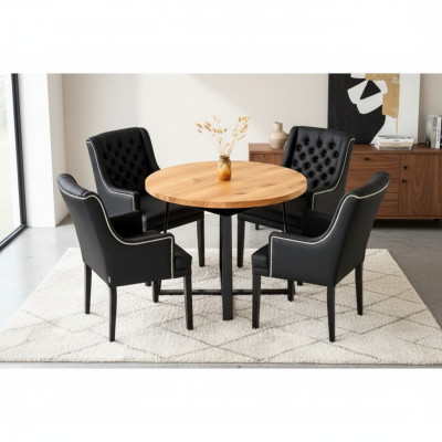 Essgarnitur Tisch + 4 Chesterfield Stühle Stuhl Holz Sitz Polster Garnitur
