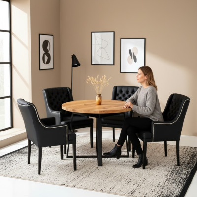Moderne Esszimmer Möbel Edler Runder Holztisch + x6 Chesterfield Lederstühle 7tlg. Set