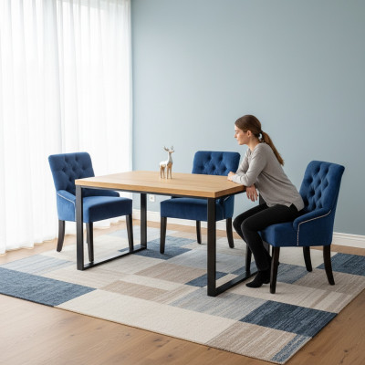Moderner Esszimmer Set Designer Holztisch mit Blauen Chesterfield Stühlen