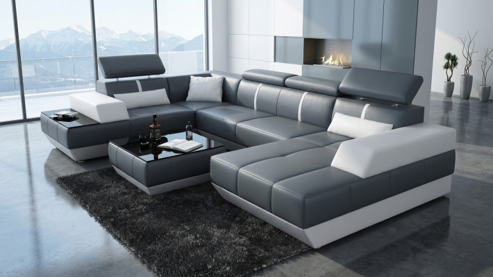 Moderne Sitzecke Ledersofa Polster Ecksofa Sofa Couch Wohnlandschaft K5015 + USB