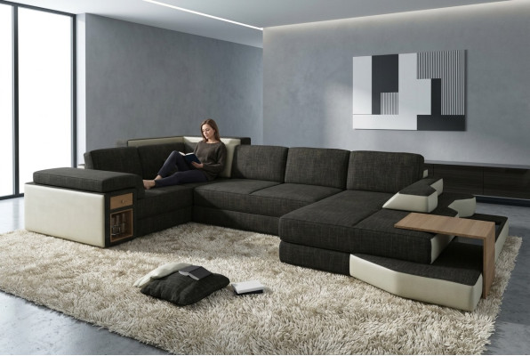 XXL Design Big Sofa mit USB,Ecksofa Couch Wohlandschaft U Form Leder Textil Ecke