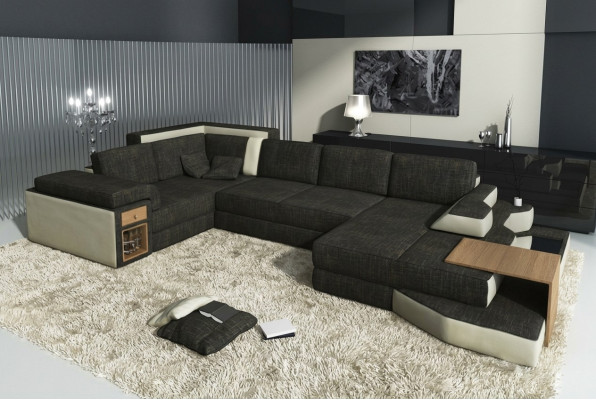 XXL Design Big Sofa mit USB,Ecksofa Couch Wohlandschaft U Form Leder Textil Ecke