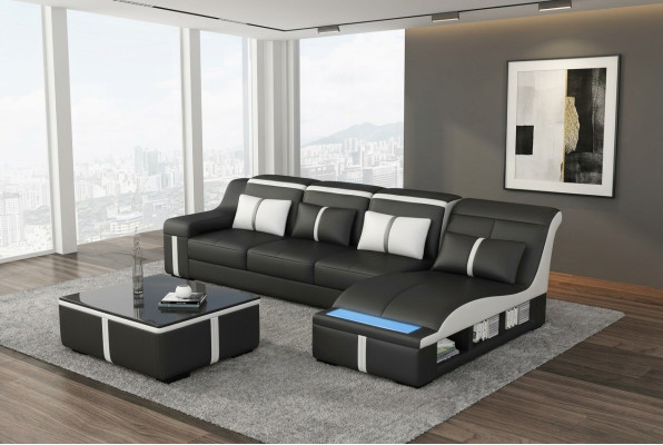 Design Eck Sofa USB LED + Tisch Polster Eck Sitz Leder Garnitur Wohnlandschaft