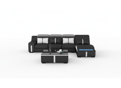 Design Eck Sofa USB LED + Tisch Polster Eck Sitz Leder Garnitur Wohnlandschaft