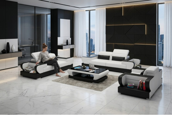 Ledersofa Couch Wohnlandschaft 3+2+1 Sitzer Garnitur Design Modern Sofa mit USB