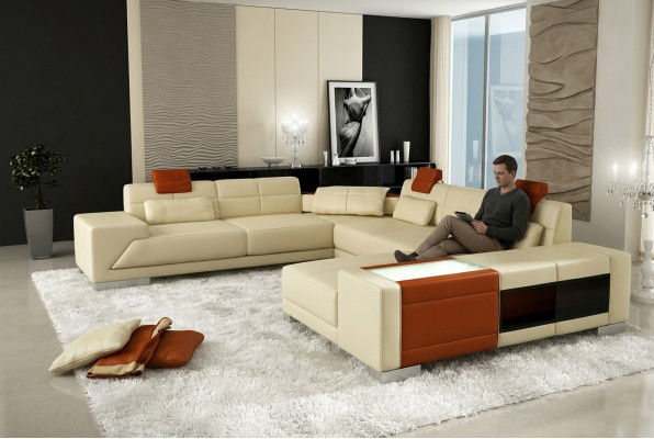 Ledersofa Sofa mit USB Couch Designersofa U Form Eckgarnitur Polsterecke XXL Big