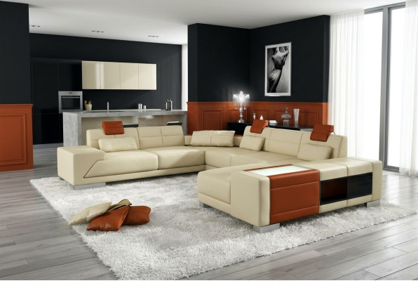 Ledersofa Sofa mit USB Couch Designersofa U Form Eckgarnitur Polsterecke XXL Big