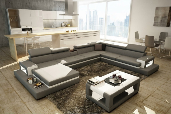 Ledersofa mit USB,Sofa Ecksofa U Form Couch Wohnlandschaft Designer Sitz Ecke