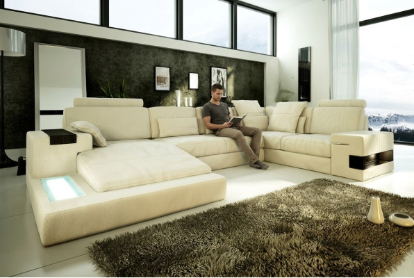 Ledersofa USB Design Sofa U Form Wohnlandschaft Couch Polster Ecksofa Neu LED