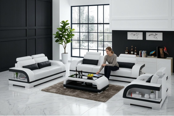 Designer Sofagarnitur Ledersofa Set 3+2+1 mit USB Garnitur Sofa Couch Neu Weiß