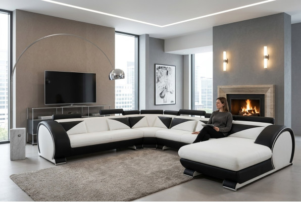 Ledersofa U Form mit USB Ecksofa Polster Sofa Leder Couch Sitz Eck Garnitur Ecke