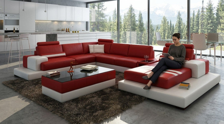 Wohnlandschaft Couch Polster Eck Garnitur Ledersofa mit USB, Ecksofa Neu 2725A
