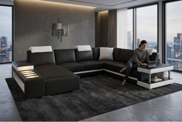 Designer Leder Polster Ecke Sofa mit USB Polster Eck Landschaft Zimmer Big Leder