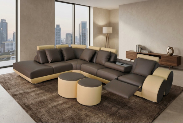 Big Eck Sofa mit USB Leder Garnitur Ecke Landschaft Polster Wohn L Form Hocker