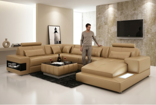 XXL Ledersofa mit USB,Wohnlandschaft Ecksofa Design Sofa Garnitur Eckcouch Neu