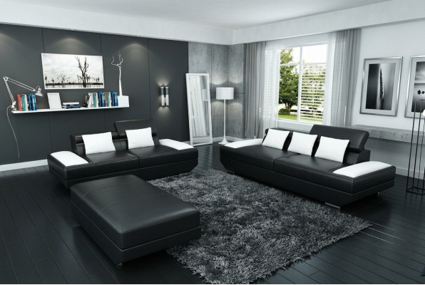 Sofagarnitur Ledersofa 3+2 mit USB Polster Sofa Set Garnitur Hocker Sofas -2719A
