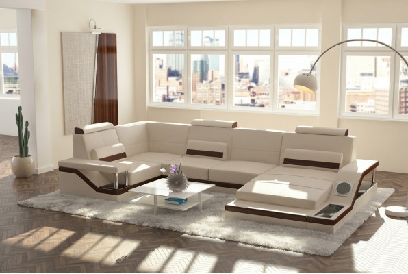 Wohnlandschaft Sofa + USB Polster Sitz Ecksofa Garnitur Textil Stoff Leder Sofas