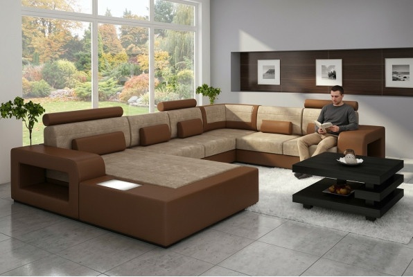 Wohnlandschaft Sofa mit USB,Sofagarnitur Stoff Textil Leder Sofa mit Beleuchtung